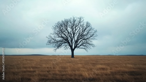 A solitary tree stands in a vast field under a cloudy sky, evoking a sense of tranquility and loneliness in nature.