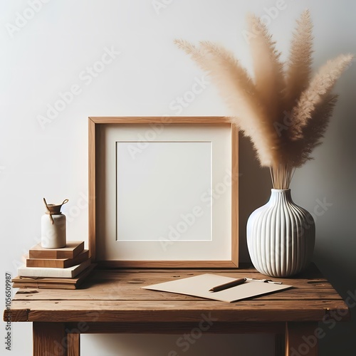 A Scandinavian interior features a square wooden frame mockup on a vintage bench, table, and modern white ceramic vase with dry Lagurus ovatus grass, books, and business cards. photo