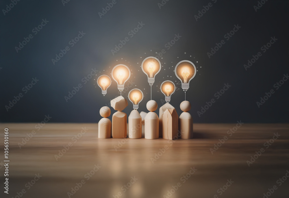 A group of wooden figures stand on a table, with glowing lightbulbs hovering above their heads. A group of wooden figures stand on a table, with glowing lightbulbs hovering above their heads.