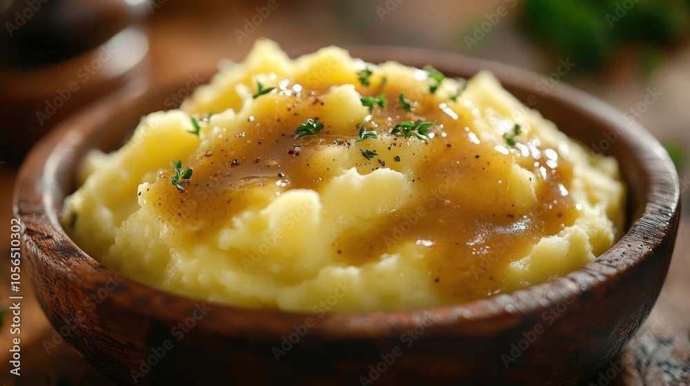 A bowl of mashed potatoes garnished with herbs and drizzled in a rich brown gravy, A bowl of mashed potatoes garnished with herbs and drizzled in a rich brown gravy,
