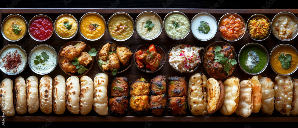 Fototapeta premium Indian Food Platter with Dips, Sides and Naan Bread.