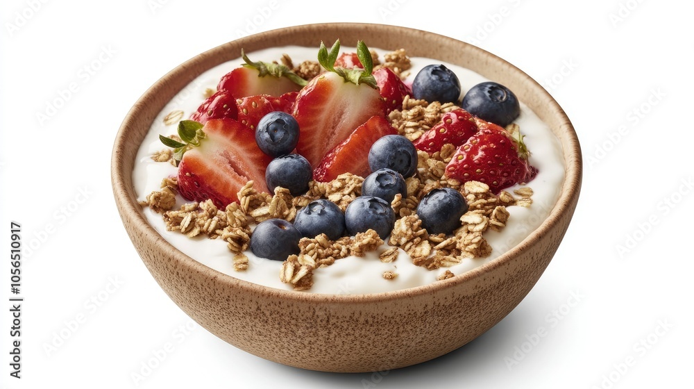 Yogurt smoothie bowl with blueberries, strawberries, and a sprinkle of granola, fresh and inviting