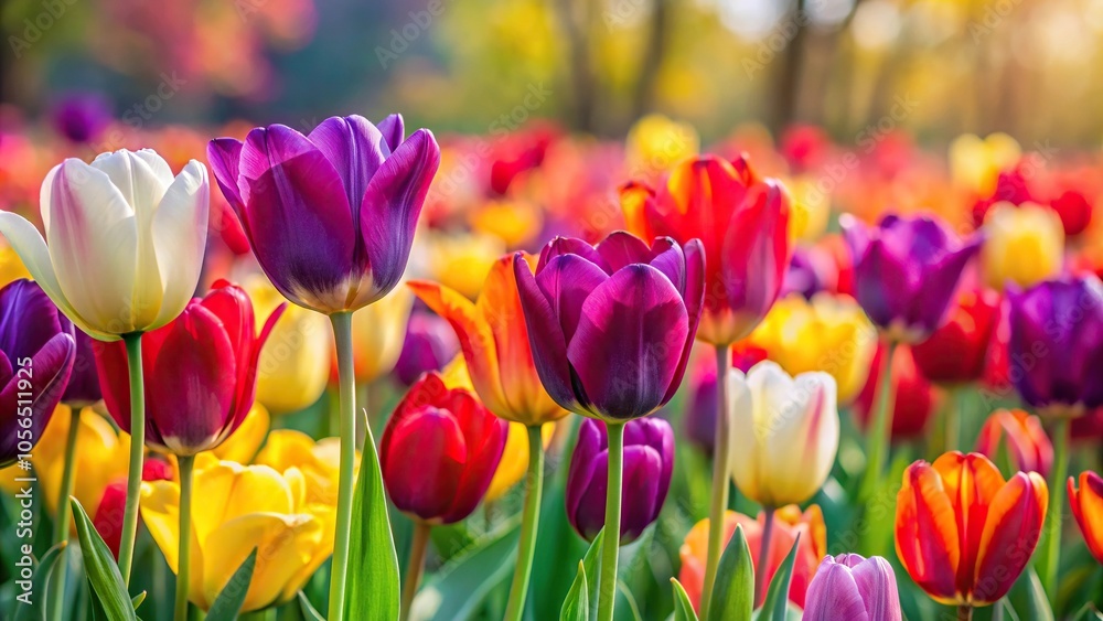 A cluster of colorful tulips in a field with vibrant hues of red, yellow, and purple, bouquet, colorful, nature A cluster of colorful tulips in a field with vibrant hues of red, yellow, and purple, bouquet, colorful, nature