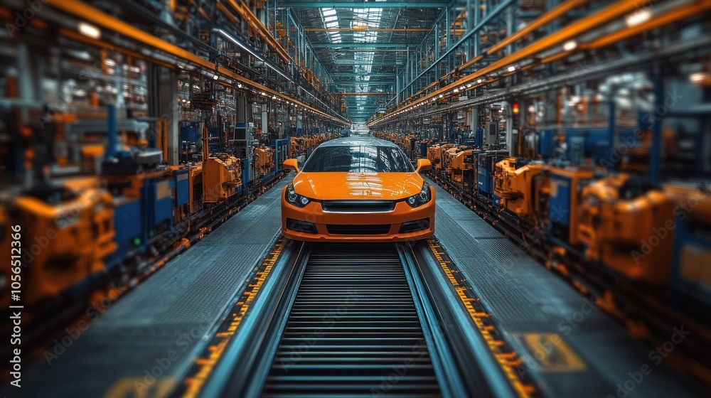 An orange car positioned on tracks in a modern industrial facility. An orange car positioned on tracks in a modern industrial facility.