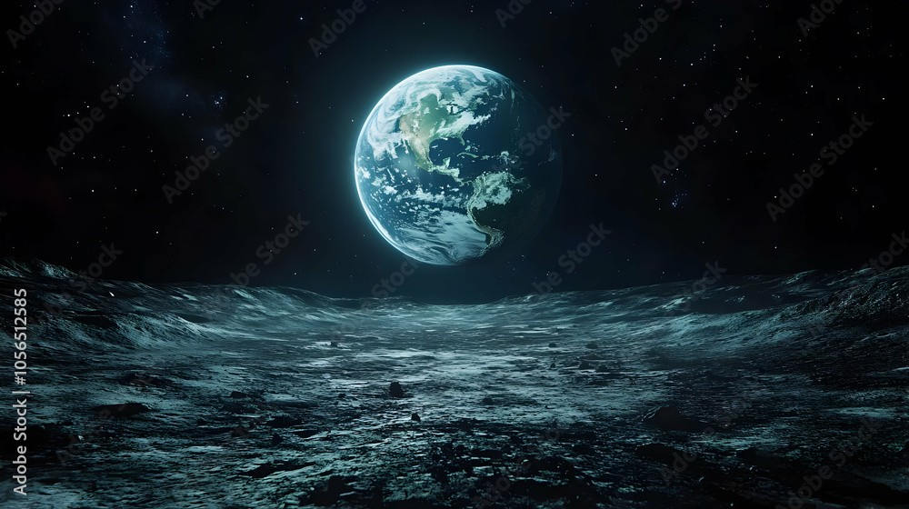 Earthrise Over Moon Landscape 3D Illustration Earthrise Over Moon Landscape 3D Illustration