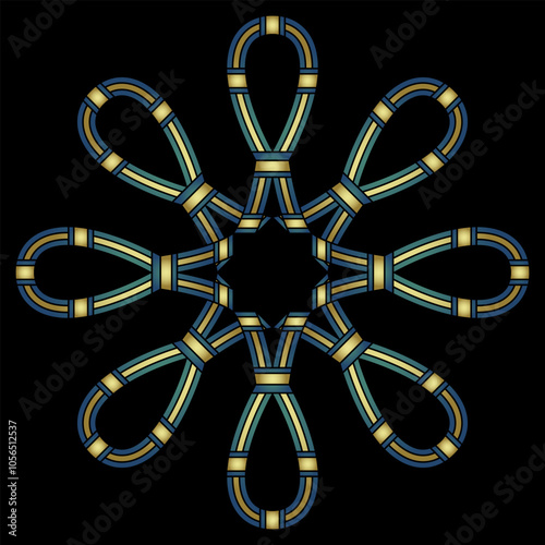 Round star shape mandala with Sa signs. Ancient Egyptian protective symbols. Ethnic good luck charm. Blue and gold design on black background.