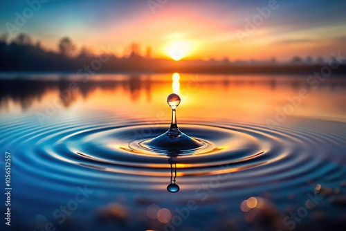 A delicate water droplet floating on the surface of a pond at dawn, dawn, reflection, water, morning, pond