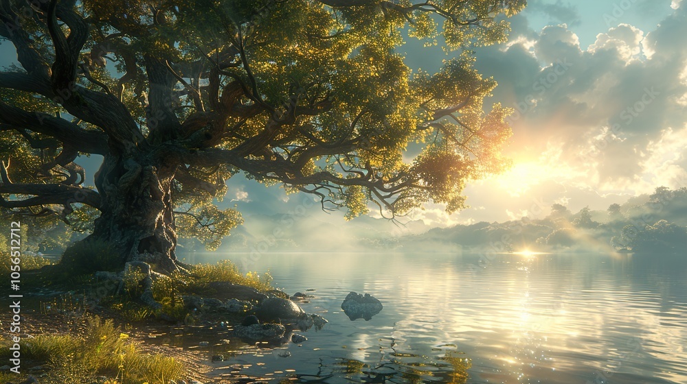 Tranquil Sunset Landscape With A Majestic Tree And Lake Tranquil Sunset Landscape With A Majestic Tree And Lake
