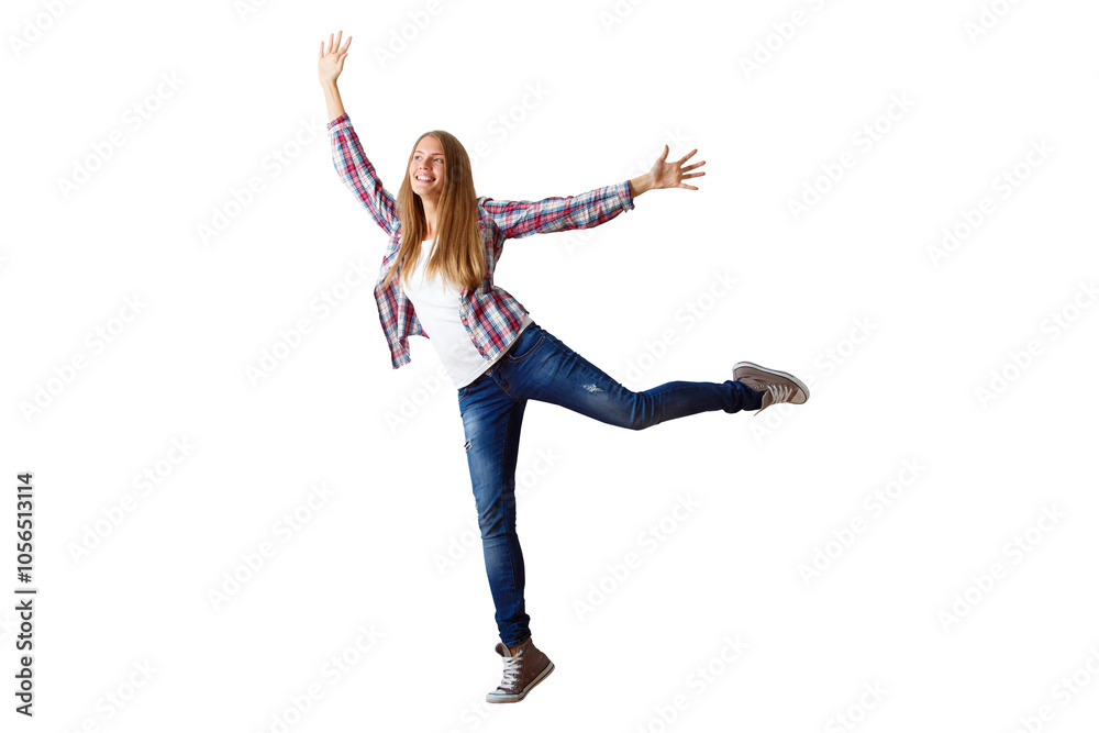 Obraz premium Woman in casual attire striking a playful pose, isolated on a white background, concept of happiness and freedom