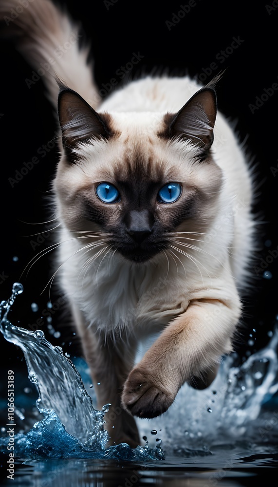 Fototapeta premium Beautiful Fluffy Siamese Cat with Striking Blue Eyes Running on Water Against a Black Background, Perfect for Animal Lovers and Cat Enthusiasts