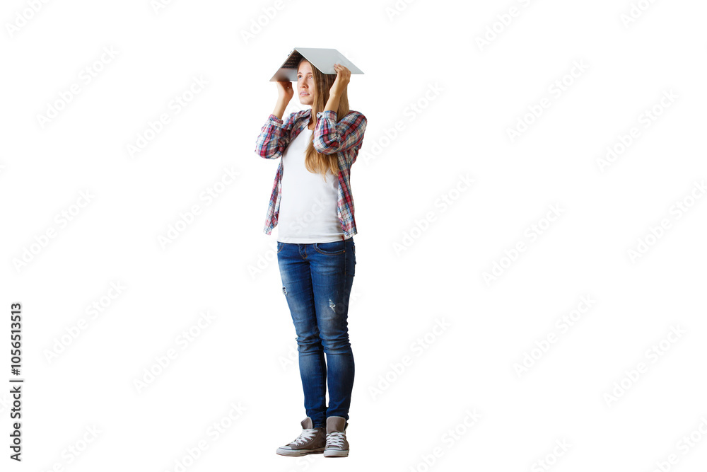 Woman holding a book over her head, wearing casual clothes, isolated on white background. Concept of knowledge and protection Woman holding a book over her head, wearing casual clothes, isolated on white background. Concept of knowledge and protection