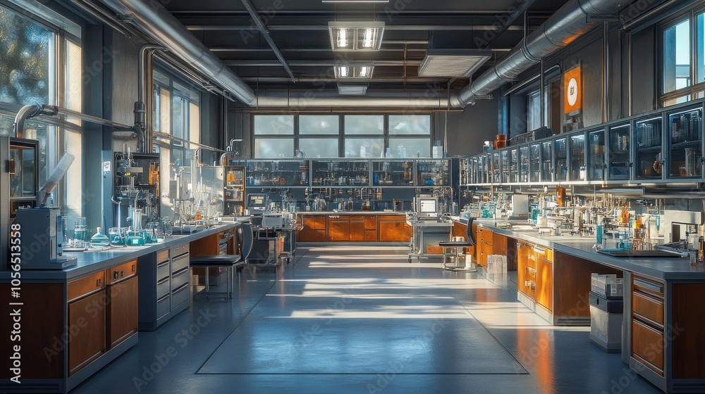 Modern laboratory with equipment and workspaces for scientific research. Modern laboratory with equipment and workspaces for scientific research.