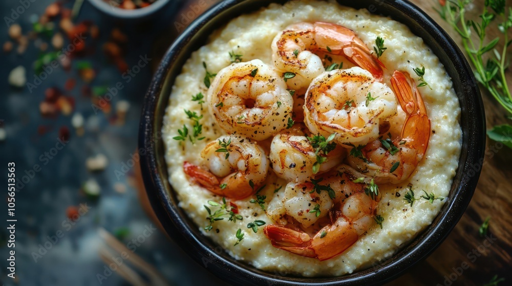 Gourmet dish of shrimp with grits, topped with black pepper and a hint of white herb. Gourmet dish of shrimp with grits, topped with black pepper and a hint of white herb.