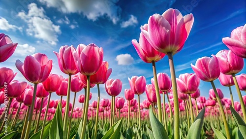 A field of pink tulips swaying gently in the breeze with a blue sky background, vibrant colors, landscape