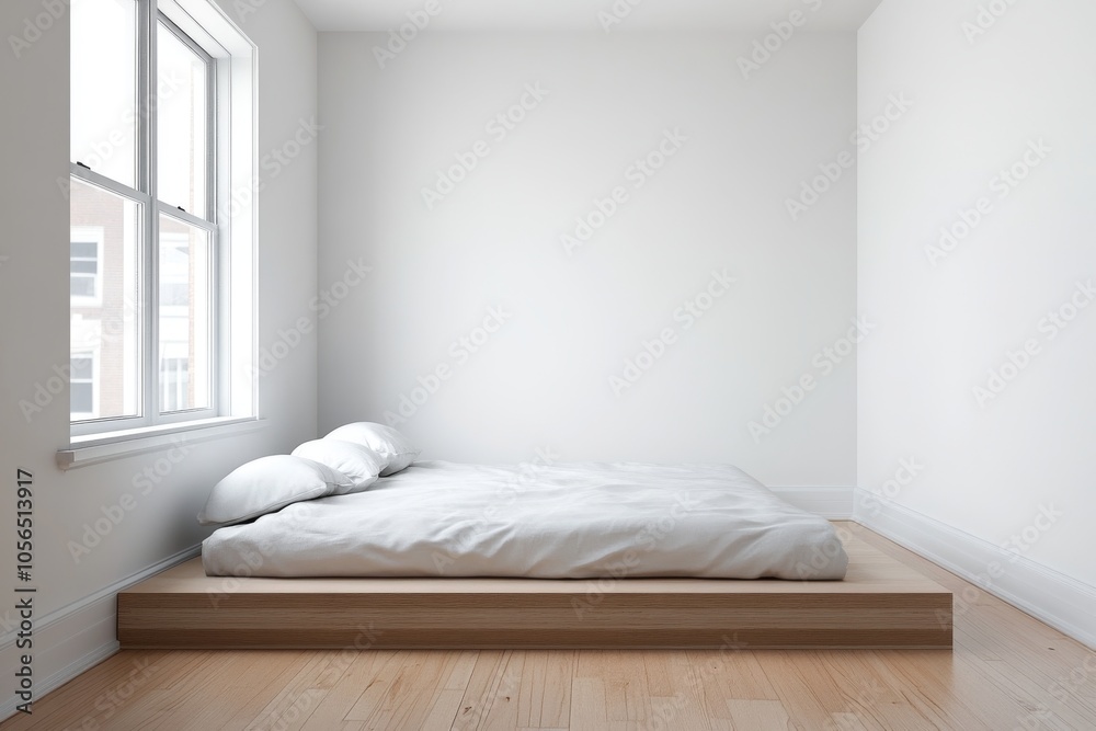 A minimalist bedroom featuring a platform bed with white bedding, wooden floor, and natural light streaming through a large window. A minimalist bedroom featuring a platform bed with white bedding, wooden floor, and natural light streaming through a large window.