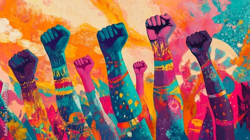 Vibrant, creative template with a parade of diverse hands and fists raised against an abstract, colorful backdrop. Feminine rights and strength are highlighted through layers of unusual, surreal