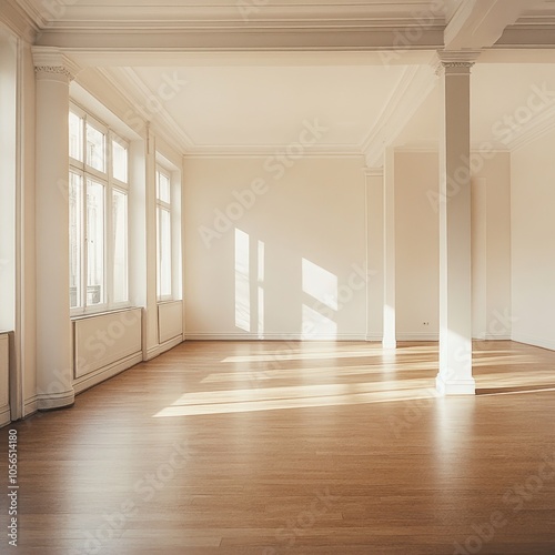 Sunlit empty room with large windows, wooden flooring, and white walls, ideal for real estate, interior design, or architectural projects.