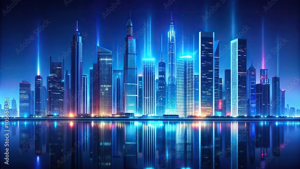 A futuristic cityscape with sleek skyscrapers and neon lights reflected on a dark blue background, futuristic, urban landscape, skyline, darkness, futuristic city A futuristic cityscape with sleek skyscrapers and neon lights reflected on a dark blue background, futuristic, urban landscape, skyline, darkness, futuristic city