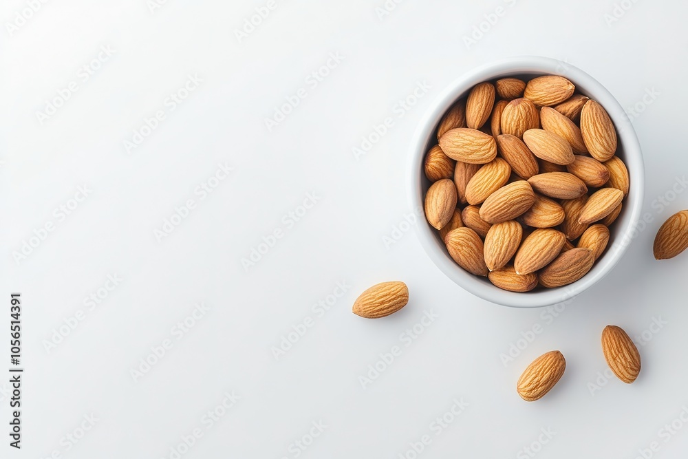Bowl with almond on on white background. Top view Bowl with almond on on white background. Top view