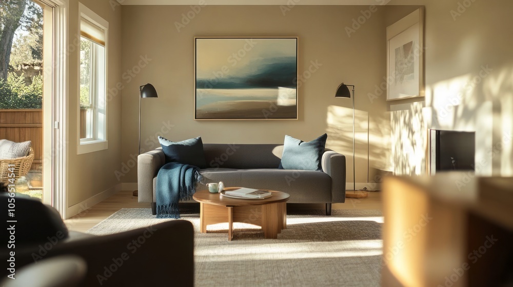 A modern living room with beige walls, dark gray accent chairs, and teal blue throw blankets A modern living room with beige walls, dark gray accent chairs, and teal blue throw blankets