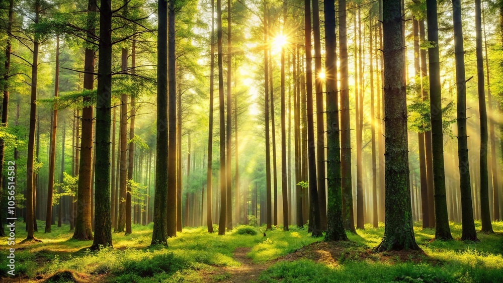 Fototapeta premium A gentle breeze rustles the leaves of tall trees in a forest, peaceful, trees, nature, scenery, leaves