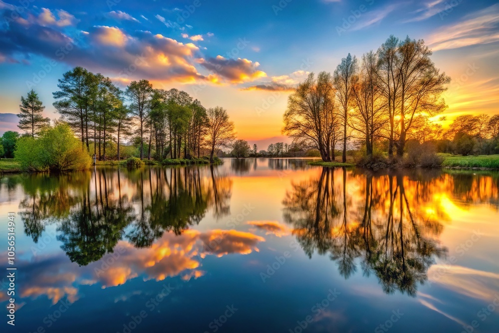 A glassy still pond at sunset with trees reflected in the water's surface, still pond, reflection A glassy still pond at sunset with trees reflected in the water's surface, still pond, reflection