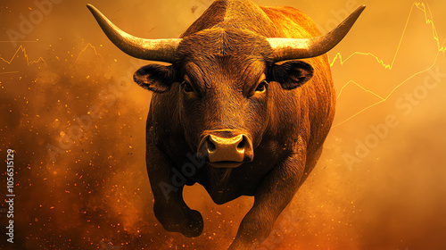 A powerful bull charging forward, showcasing strength and determination against a dramatic orange background.