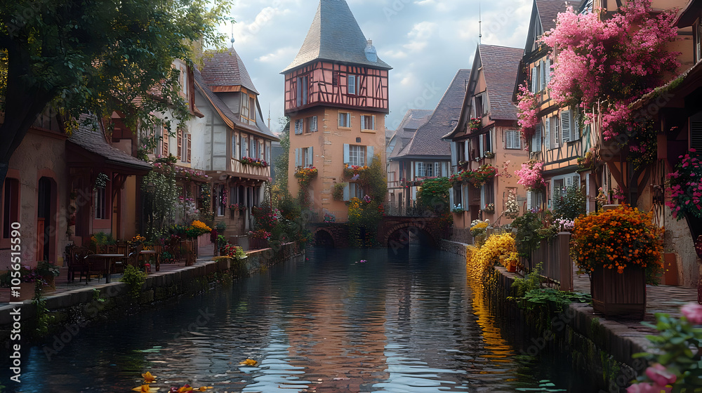 Fototapeta premium Waterfront Village with Stone Bridge Illustration