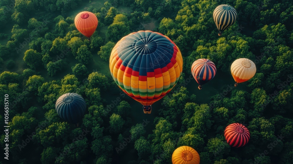 Fototapeta premium Colorful Hot Air Balloons Soaring Over Lush Green Forests in a Serene Morning Landscape