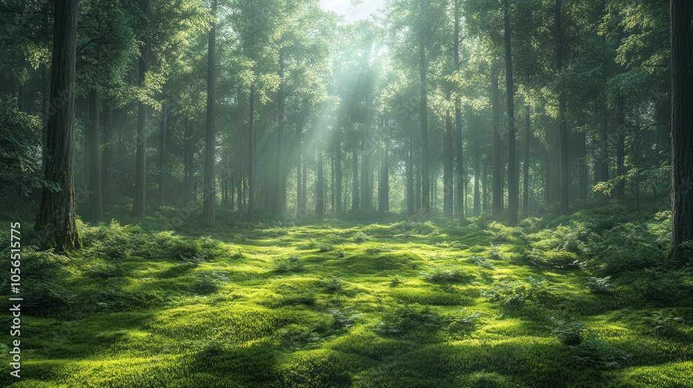 Obraz premium Serene forest landscape with sunlight filtering through trees.