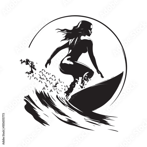 Surfer girl on a beach silhouette vector isolated on white background.