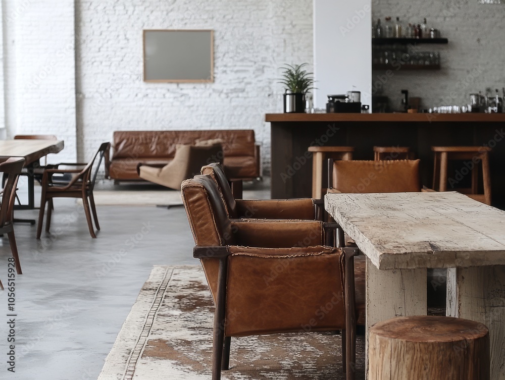 A room design that combines different textures, such as leather chairs and wooden tables to provide a modern feel A room design that combines different textures, such as leather chairs and wooden tables to provide a modern feel