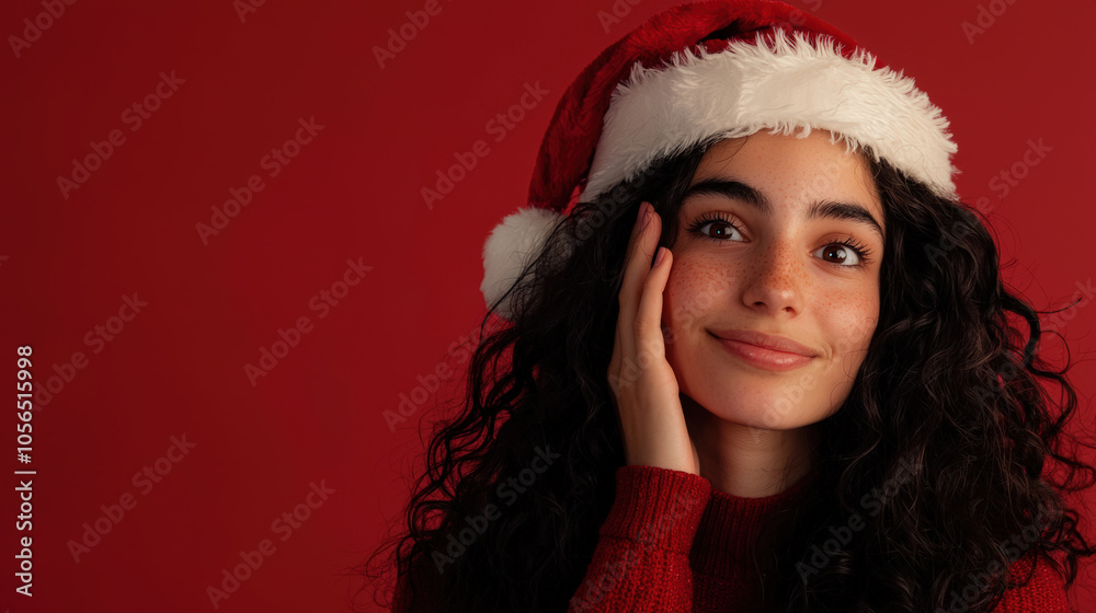 cheerful woman with wavy hair wearing Santa hat, smiling against red background. Her joyful expression captures festive spirit of holiday season cheerful woman with wavy hair wearing Santa hat, smiling against red background. Her joyful expression captures festive spirit of holiday season