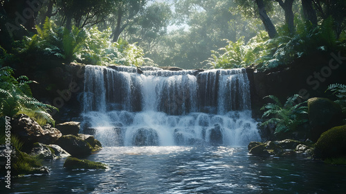 Waterfall in a Lush Forest - 3D Illustration