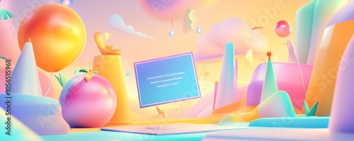 A vibrant, surreal landscape with abstract shapes and a floating screen displaying text.