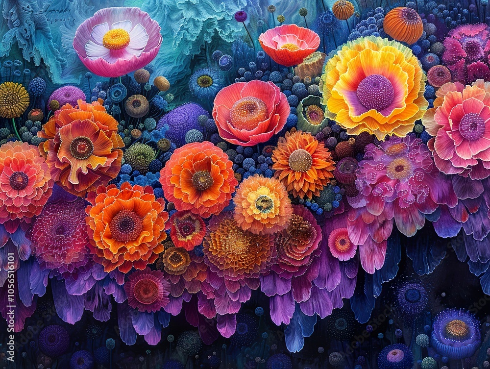 Fototapeta premium Vibrant Floral Art: A Close-Up of Colorful Blooms