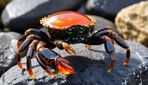 Vibrant Photo of a Fire Opal Crab Creatively Perched on a Rock, Symbolizing Hope and Good Fortune