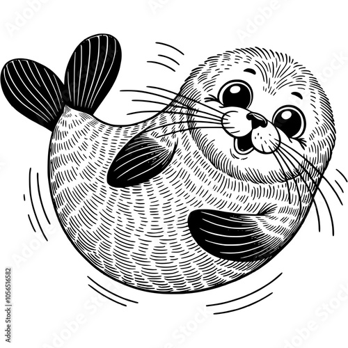 Fluffy fur seal smiles cheerfully and looks at camera in monochrome. Amazing sea animals. Simple minimalistic vector in black ink drawing on transparent background