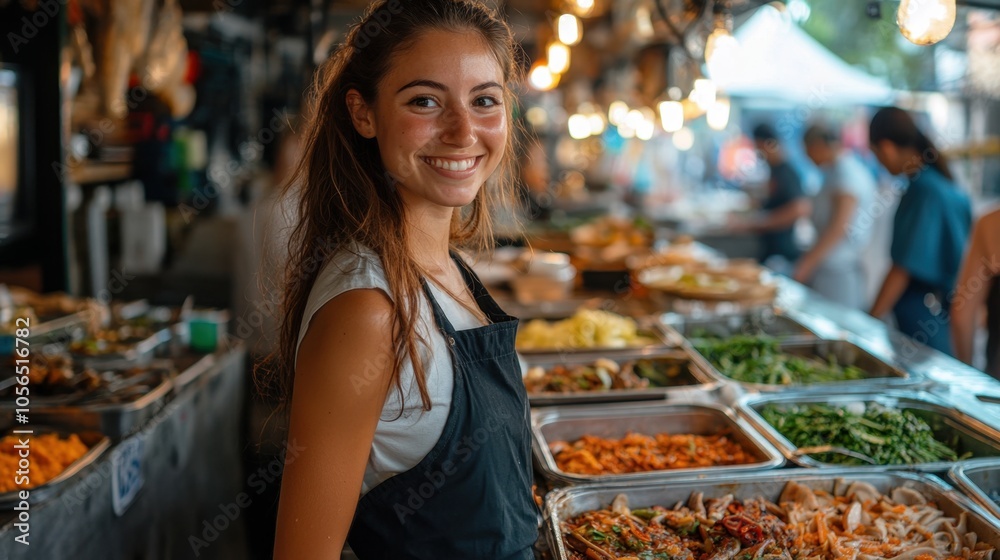Woman selling delicious street food at a vibrant market in the evening Woman selling delicious street food at a vibrant market in the evening