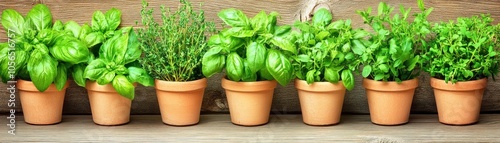 A row of potted herbs including basil and thyme on a wooden surface.