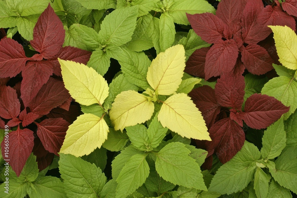 A vibrant arrangement of green, red, and yellow leaves showcasing plant diversity. A vibrant arrangement of green, red, and yellow leaves showcasing plant diversity.