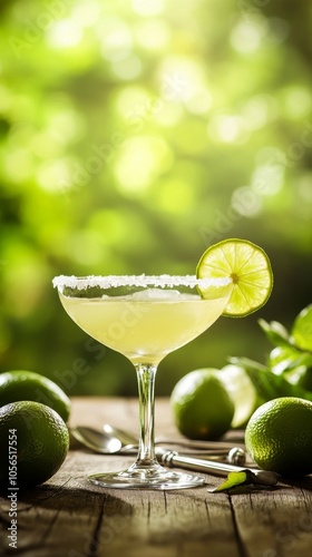 A classic lime margarita in an elegant glass, garnished with salt and a slice of lime on the rim, surrounded by fresh limes and cocktail utensils on a rustic wooden table. 