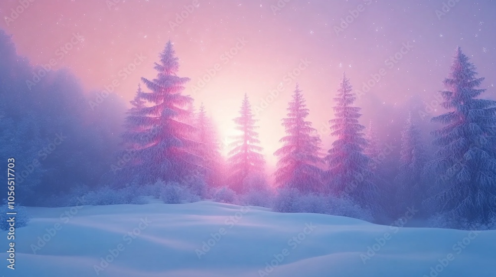 Snowy forest with pine trees and a pink sunset. Snowy forest with pine trees and a pink sunset.