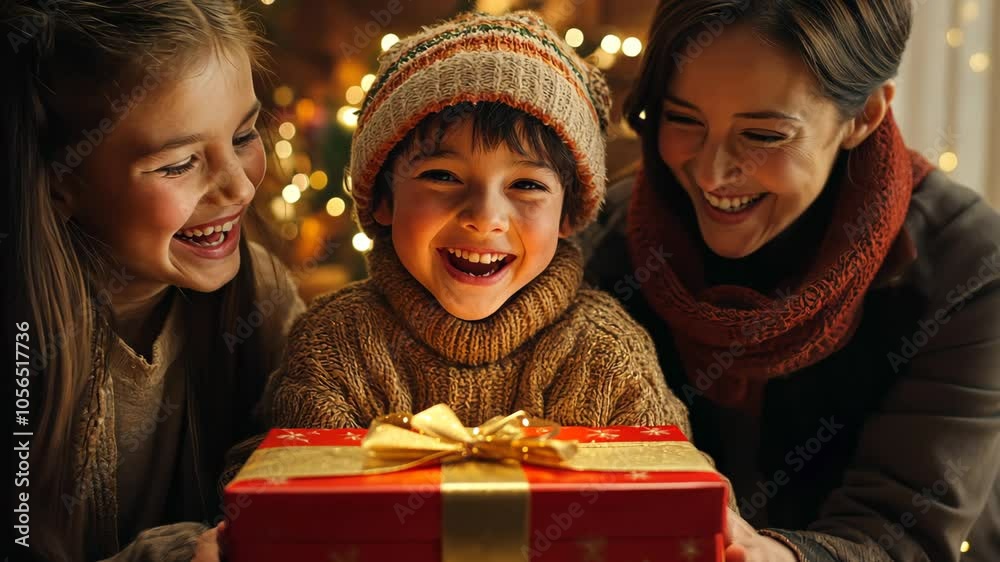 Child's joyous expression as they discover a gift they’ve longed for, with family gathered around in excitement. . Video Child's joyous expression as they discover a gift they’ve longed for, with family gathered around in excitement. . Video