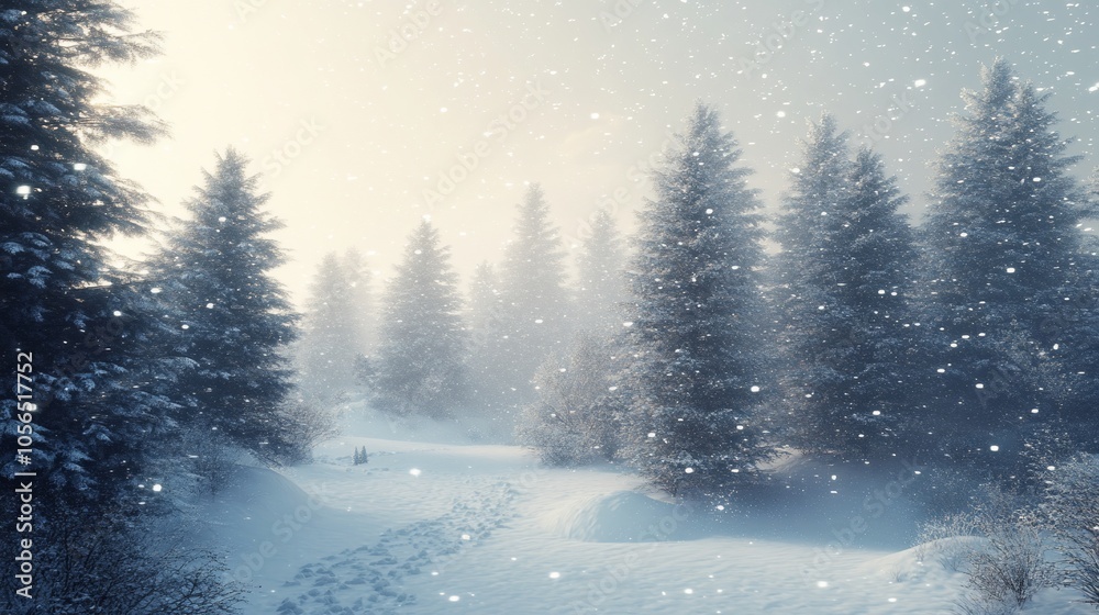Fototapeta premium A snowy path winds through a serene winter forest, sunlight filtering through the trees.