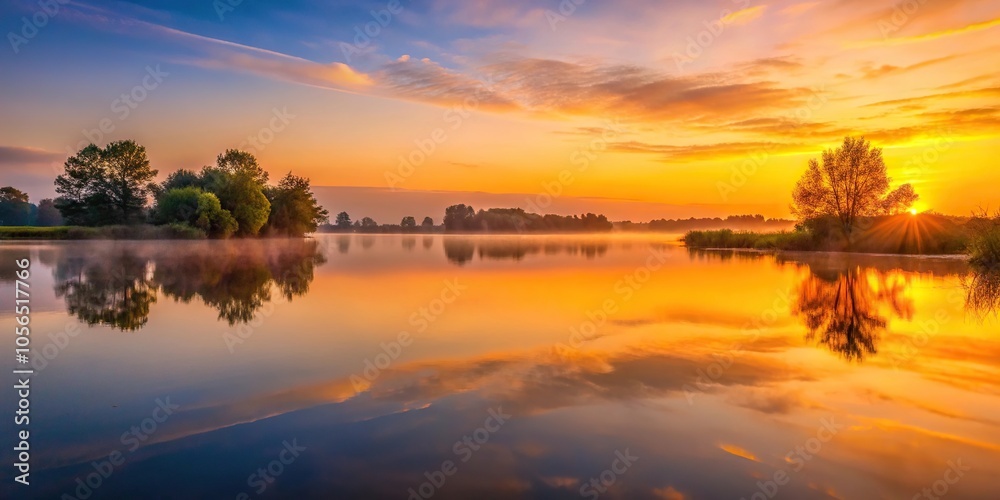 Obraz premium A peaceful lake reflected the warm hues of a sunrise, creating a sense of tranquility and calm, morning, natural