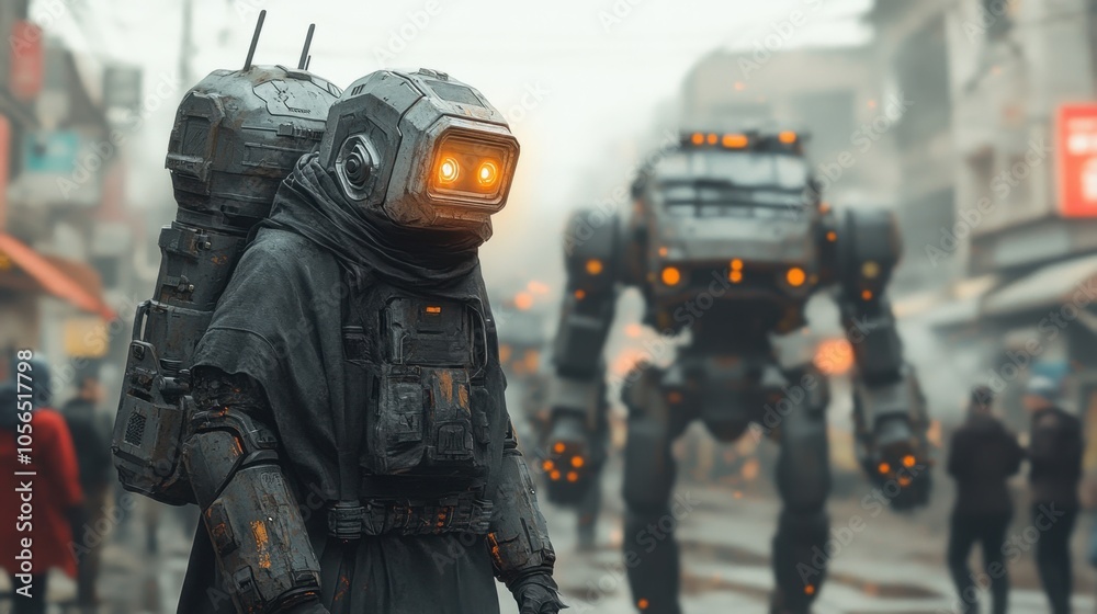 A futuristic market with a robot and a mech in a busy urban setting A futuristic market with a robot and a mech in a busy urban setting