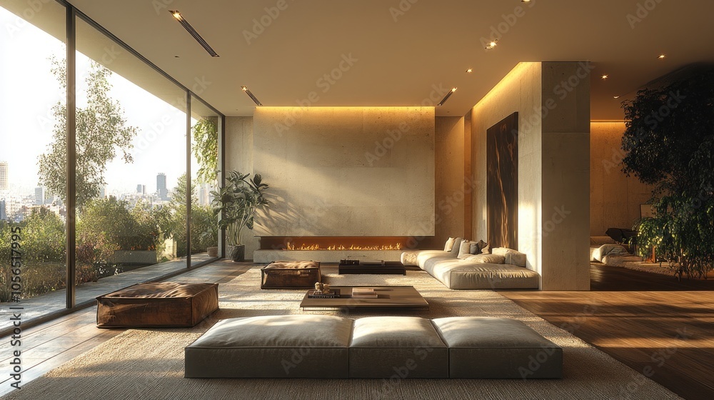 Fototapeta premium Modern, spacious living area with natural light and minimalist decor.