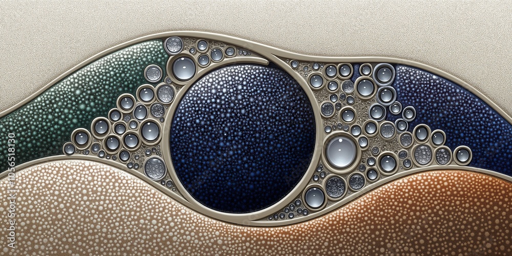 Obraz premium Abstract illustration with curves and dots in blue, orange, green and brown, with beautiful texture