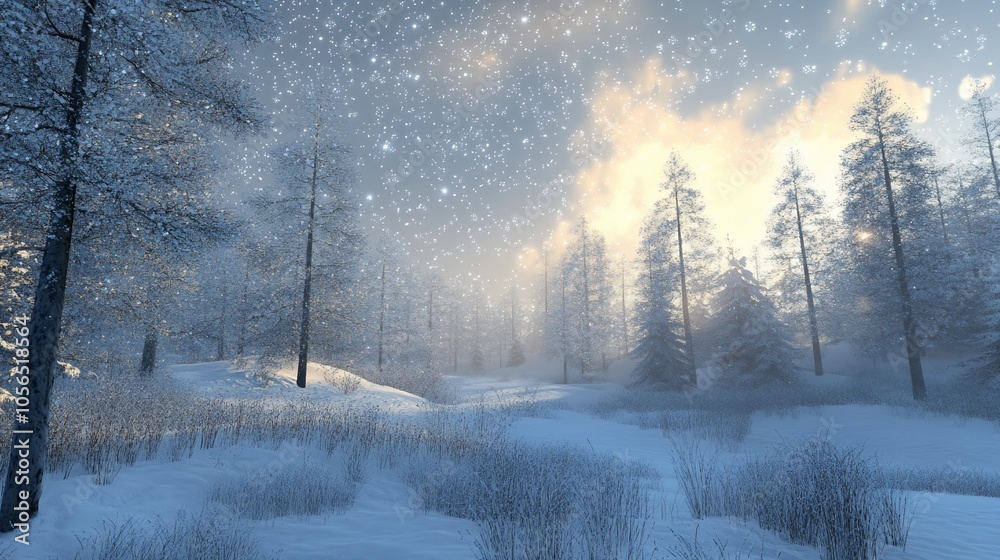 Fototapeta premium A snowy forest with a soft golden light shining through the trees.